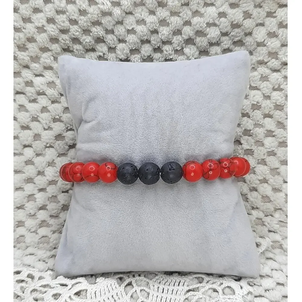Artisan Red Howlite Beaded Bracelet 8mm Black Lava Stone Diffuser Unisex Boho
